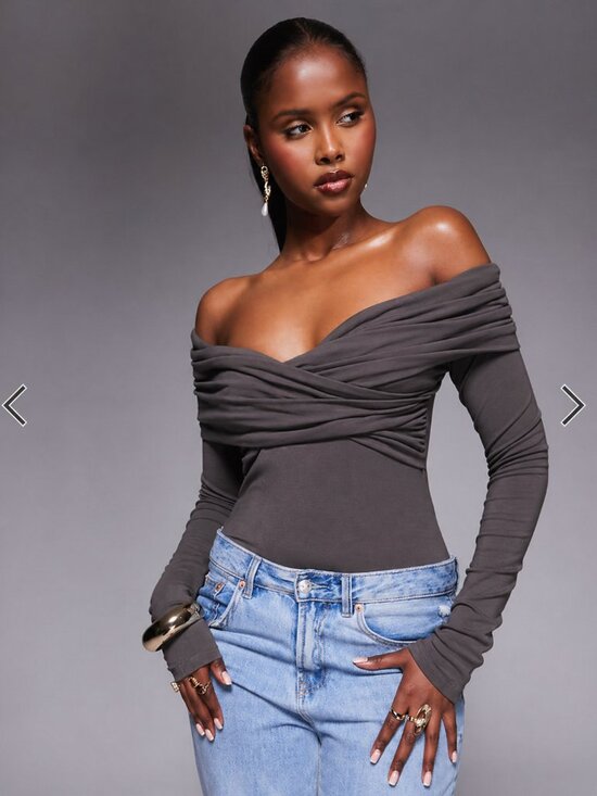 Princess Polly Tops - Off Shoulder Ruched Bodysuit Charcoal Viral Going Out Top Princess Polly Size 6